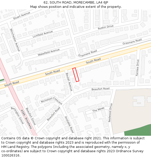 62, SOUTH ROAD, MORECAMBE, LA4 6JP: Location map and indicative extent of plot