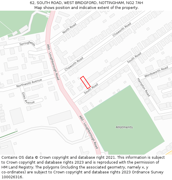 62, SOUTH ROAD, WEST BRIDGFORD, NOTTINGHAM, NG2 7AH: Location map and indicative extent of plot