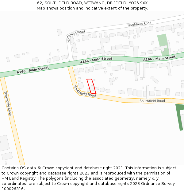 62, SOUTHFIELD ROAD, WETWANG, DRIFFIELD, YO25 9XX: Location map and indicative extent of plot