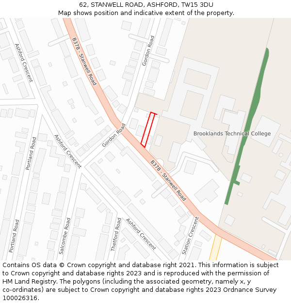 62, STANWELL ROAD, ASHFORD, TW15 3DU: Location map and indicative extent of plot