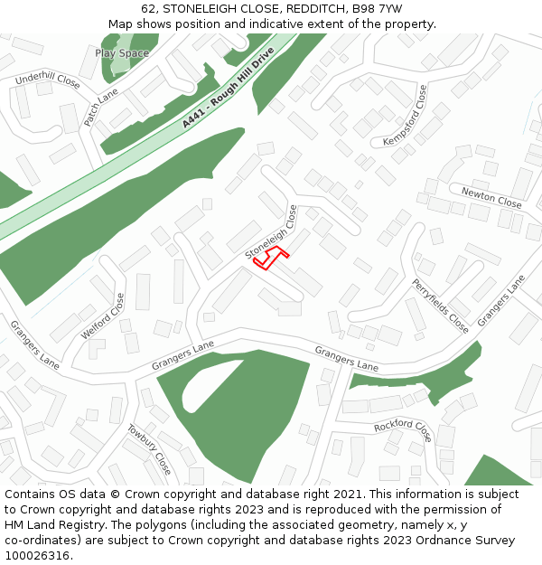 62, STONELEIGH CLOSE, REDDITCH, B98 7YW: Location map and indicative extent of plot