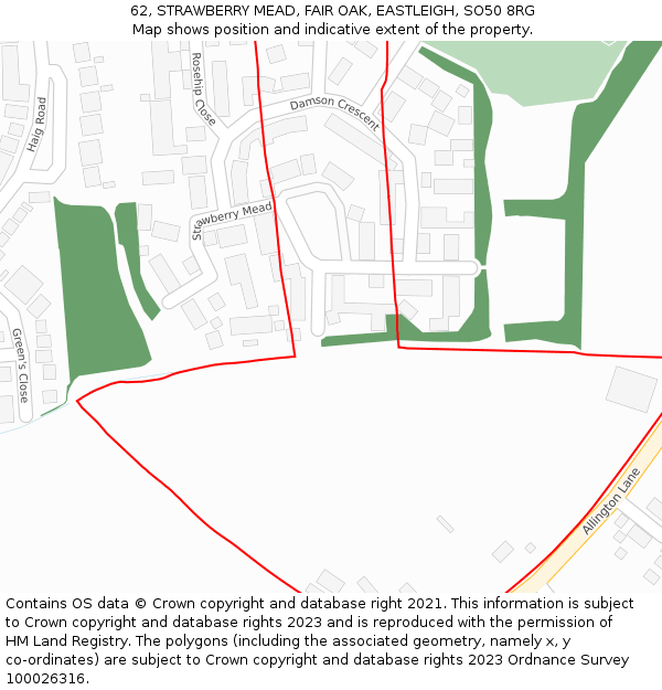 62, STRAWBERRY MEAD, FAIR OAK, EASTLEIGH, SO50 8RG: Location map and indicative extent of plot