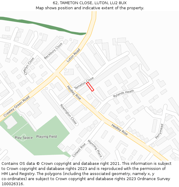 62, TAMETON CLOSE, LUTON, LU2 8UX: Location map and indicative extent of plot