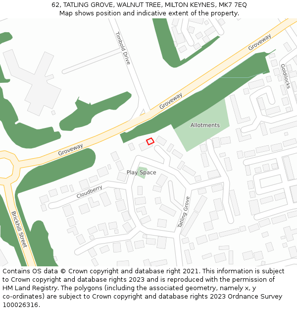 62, TATLING GROVE, WALNUT TREE, MILTON KEYNES, MK7 7EQ: Location map and indicative extent of plot