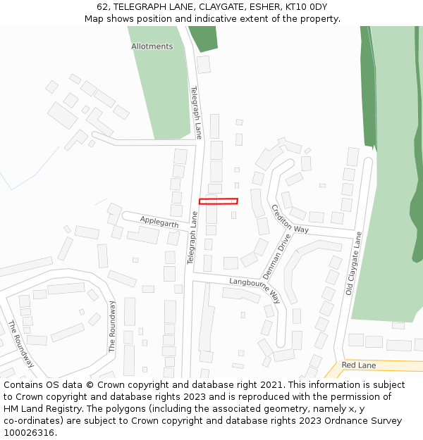 62, TELEGRAPH LANE, CLAYGATE, ESHER, KT10 0DY: Location map and indicative extent of plot