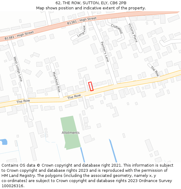 62, THE ROW, SUTTON, ELY, CB6 2PB: Location map and indicative extent of plot