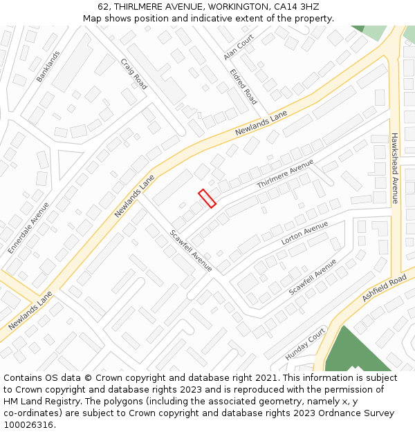 62, THIRLMERE AVENUE, WORKINGTON, CA14 3HZ: Location map and indicative extent of plot