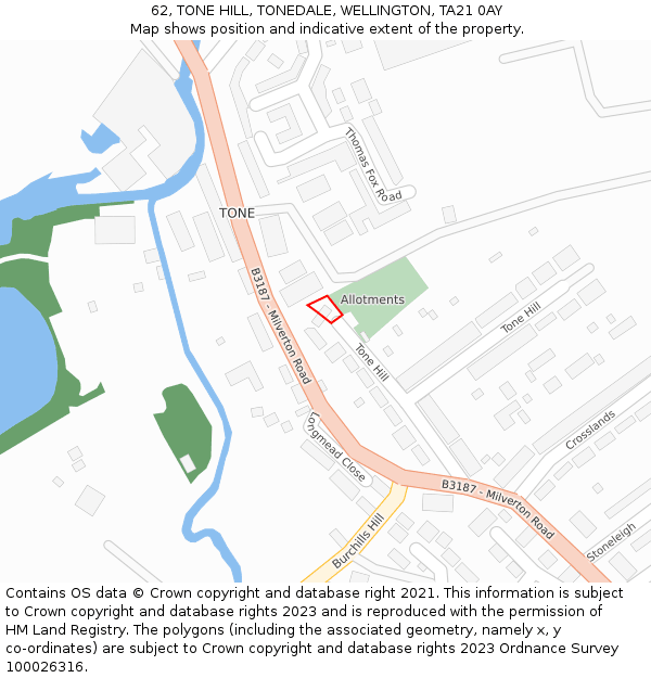 62, TONE HILL, TONEDALE, WELLINGTON, TA21 0AY: Location map and indicative extent of plot