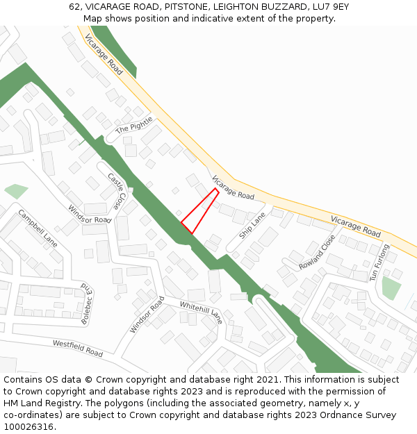 62, VICARAGE ROAD, PITSTONE, LEIGHTON BUZZARD, LU7 9EY: Location map and indicative extent of plot