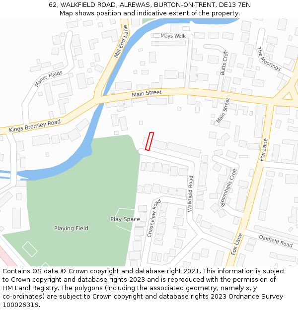 62, WALKFIELD ROAD, ALREWAS, BURTON-ON-TRENT, DE13 7EN: Location map and indicative extent of plot