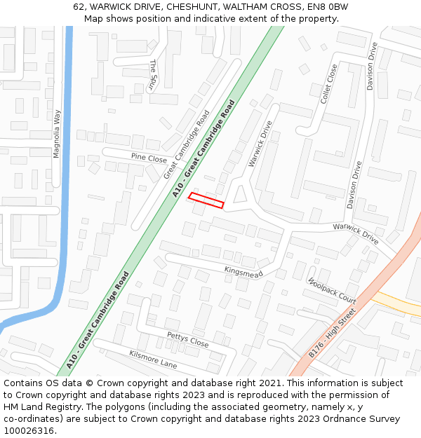 62, WARWICK DRIVE, CHESHUNT, WALTHAM CROSS, EN8 0BW: Location map and indicative extent of plot