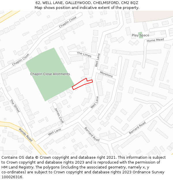 62, WELL LANE, GALLEYWOOD, CHELMSFORD, CM2 8QZ: Location map and indicative extent of plot