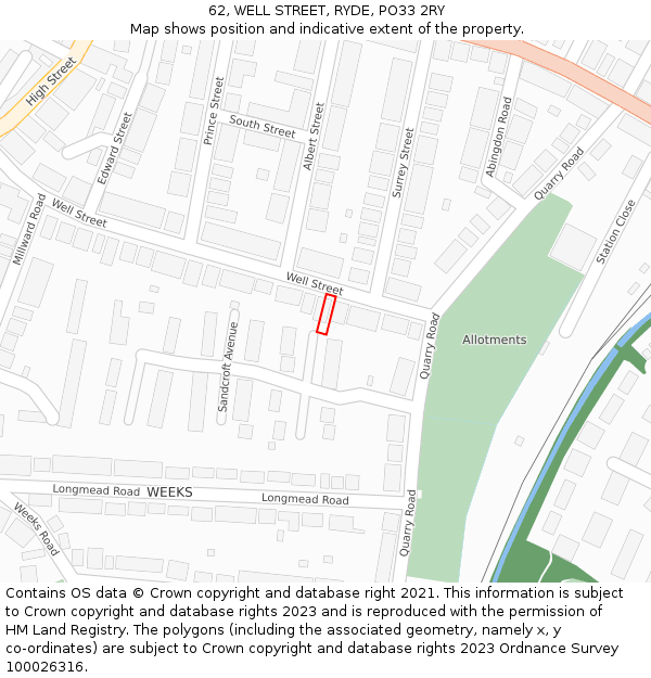 62, WELL STREET, RYDE, PO33 2RY: Location map and indicative extent of plot