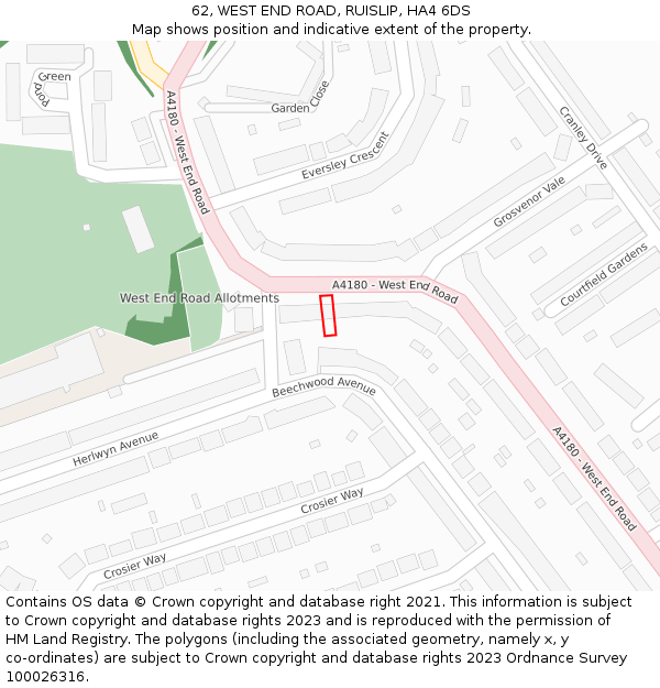 62, WEST END ROAD, RUISLIP, HA4 6DS: Location map and indicative extent of plot