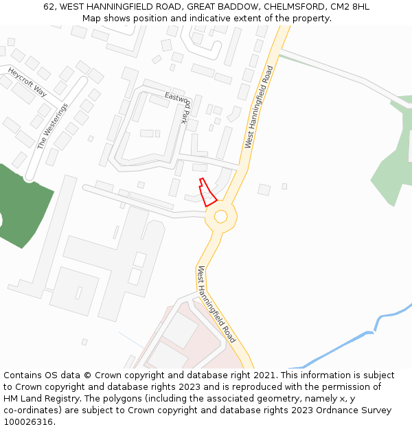 62, WEST HANNINGFIELD ROAD, GREAT BADDOW, CHELMSFORD, CM2 8HL: Location map and indicative extent of plot