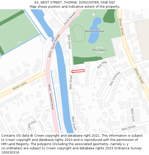 62, WEST STREET, THORNE, DONCASTER, DN8 5QY: Location map and indicative extent of plot