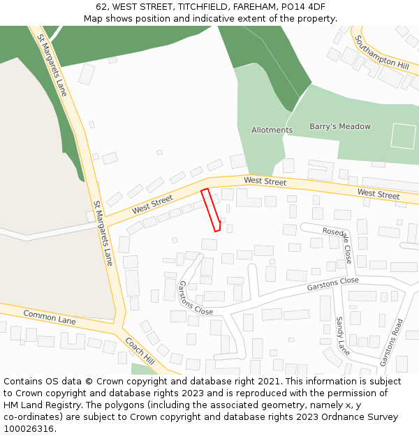 62, WEST STREET, TITCHFIELD, FAREHAM, PO14 4DF: Location map and indicative extent of plot