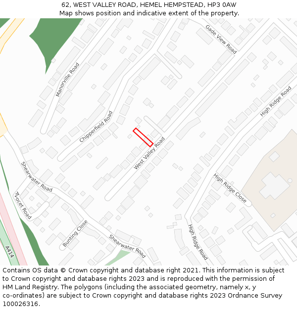 62, WEST VALLEY ROAD, HEMEL HEMPSTEAD, HP3 0AW: Location map and indicative extent of plot