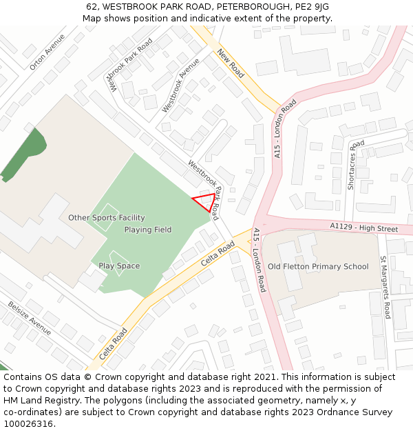 62, WESTBROOK PARK ROAD, PETERBOROUGH, PE2 9JG: Location map and indicative extent of plot