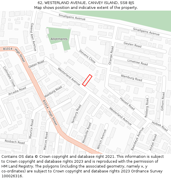 62, WESTERLAND AVENUE, CANVEY ISLAND, SS8 8JS: Location map and indicative extent of plot