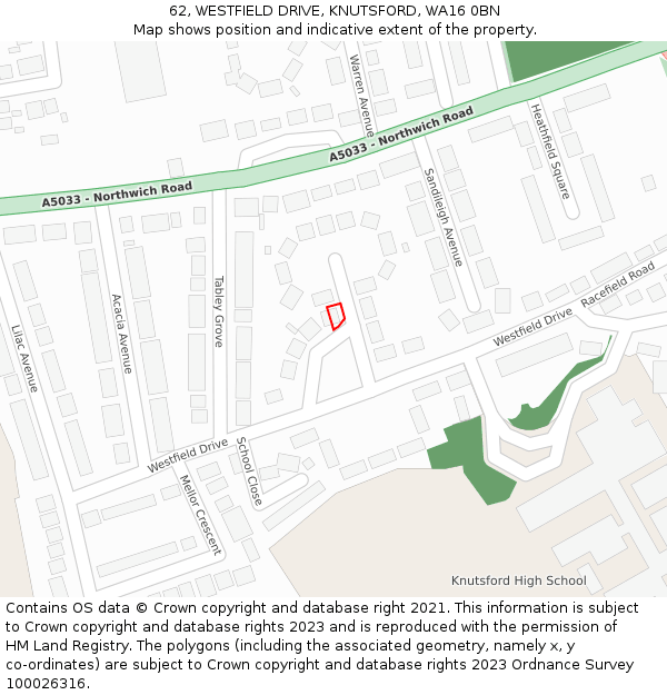 62, WESTFIELD DRIVE, KNUTSFORD, WA16 0BN: Location map and indicative extent of plot