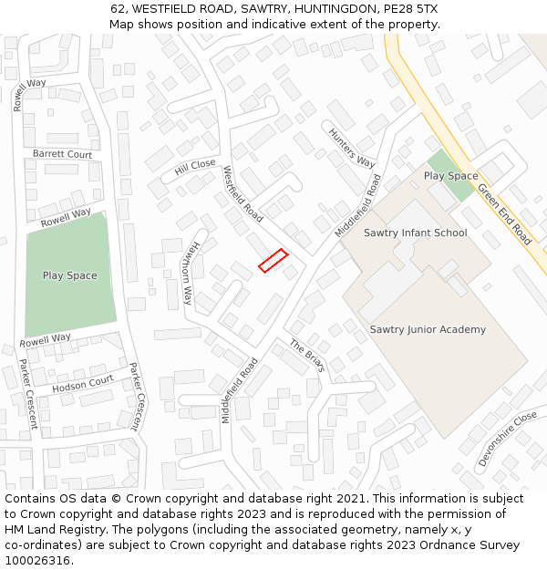 62, WESTFIELD ROAD, SAWTRY, HUNTINGDON, PE28 5TX: Location map and indicative extent of plot