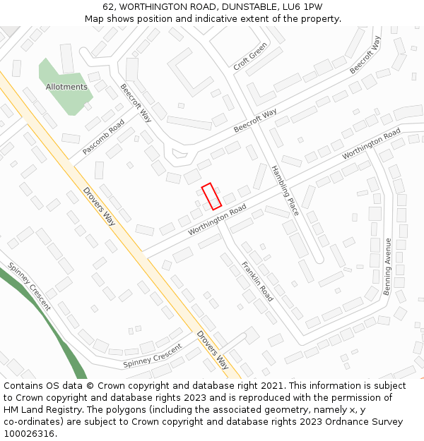 62, WORTHINGTON ROAD, DUNSTABLE, LU6 1PW: Location map and indicative extent of plot
