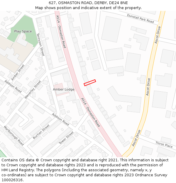 627, OSMASTON ROAD, DERBY, DE24 8NE: Location map and indicative extent of plot