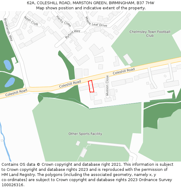 62A, COLESHILL ROAD, MARSTON GREEN, BIRMINGHAM, B37 7HW: Location map and indicative extent of plot