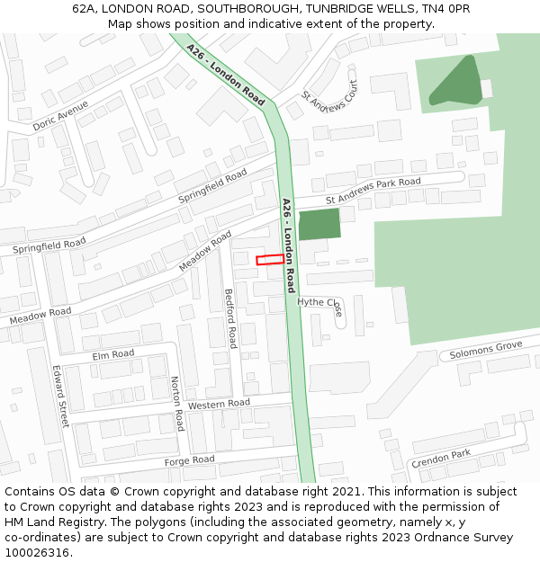 62A, LONDON ROAD, SOUTHBOROUGH, TUNBRIDGE WELLS, TN4 0PR: Location map and indicative extent of plot