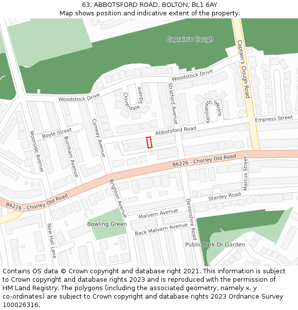 63, ABBOTSFORD ROAD, BOLTON, BL1 6AY: Location map and indicative extent of plot