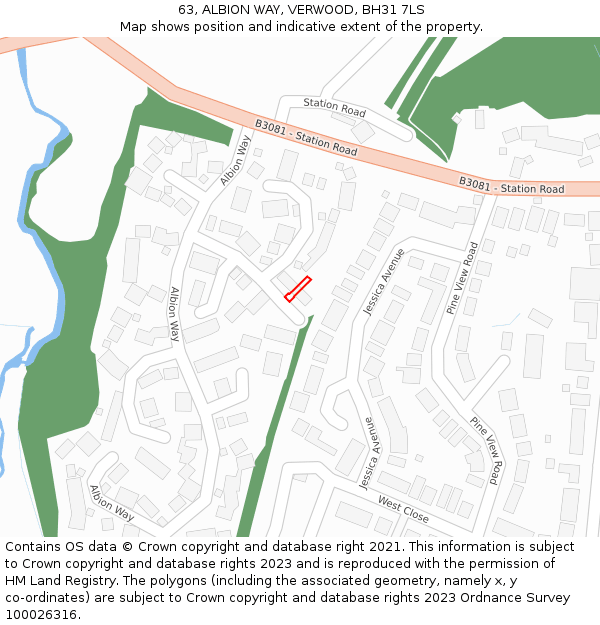 63, ALBION WAY, VERWOOD, BH31 7LS: Location map and indicative extent of plot