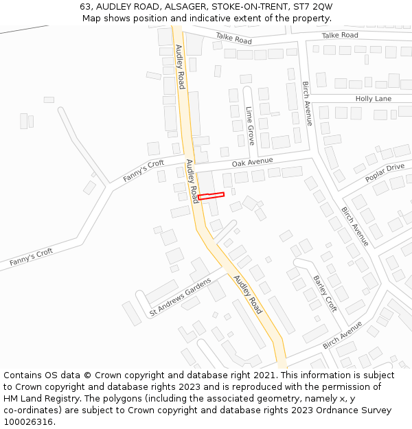 63, AUDLEY ROAD, ALSAGER, STOKE-ON-TRENT, ST7 2QW: Location map and indicative extent of plot