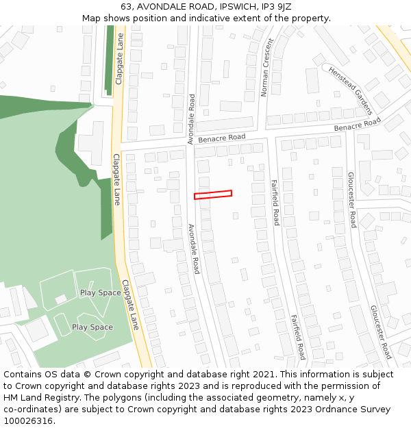 63, AVONDALE ROAD, IPSWICH, IP3 9JZ: Location map and indicative extent of plot