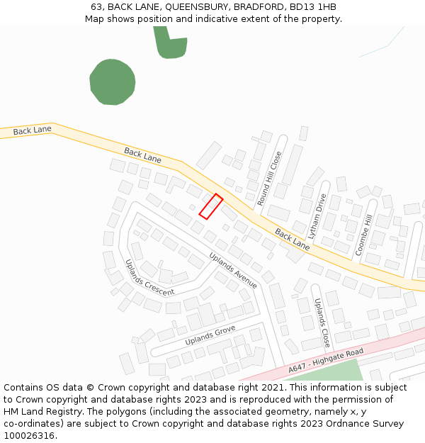 63, BACK LANE, QUEENSBURY, BRADFORD, BD13 1HB: Location map and indicative extent of plot