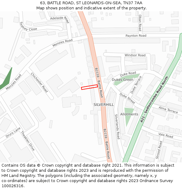 63, BATTLE ROAD, ST LEONARDS-ON-SEA, TN37 7AA: Location map and indicative extent of plot