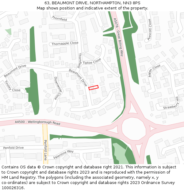 63, BEAUMONT DRIVE, NORTHAMPTON, NN3 8PS: Location map and indicative extent of plot