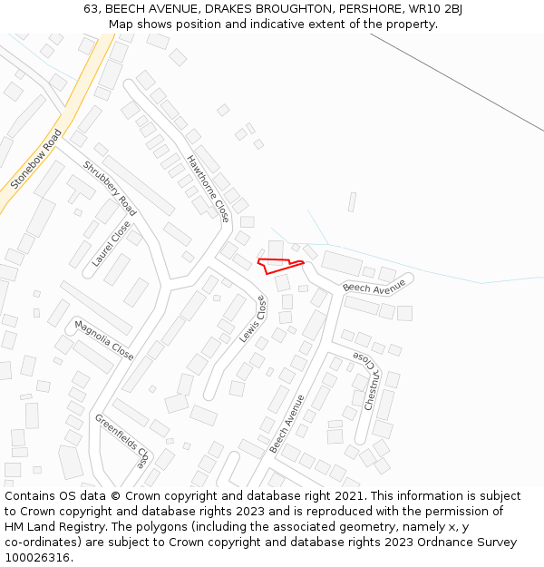 63, BEECH AVENUE, DRAKES BROUGHTON, PERSHORE, WR10 2BJ: Location map and indicative extent of plot