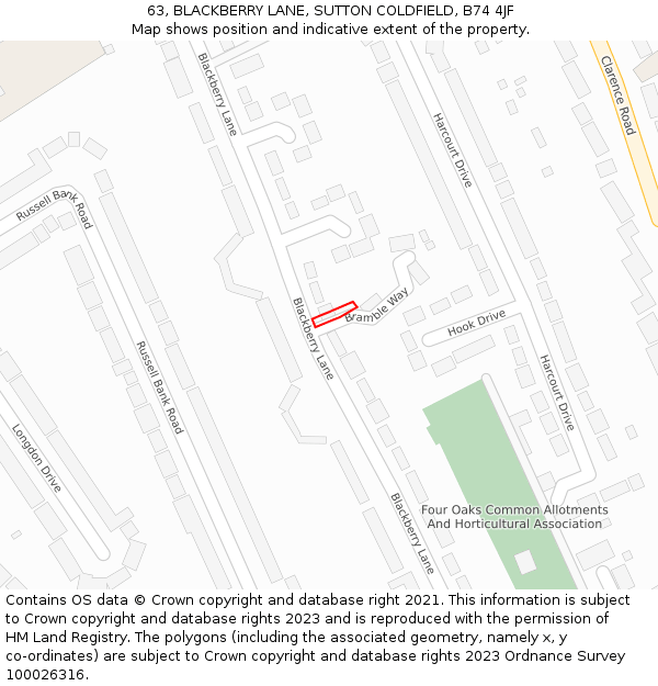 63, BLACKBERRY LANE, SUTTON COLDFIELD, B74 4JF: Location map and indicative extent of plot