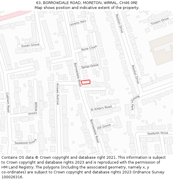 63, BORROWDALE ROAD, MORETON, WIRRAL, CH46 0RE: Location map and indicative extent of plot