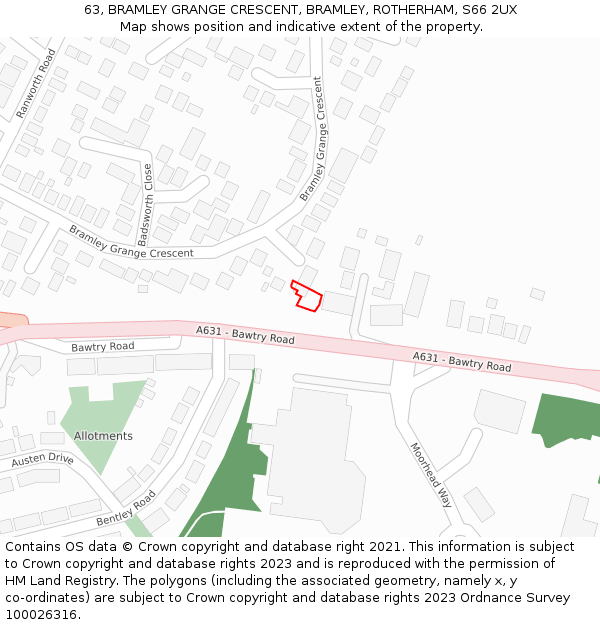 63, BRAMLEY GRANGE CRESCENT, BRAMLEY, ROTHERHAM, S66 2UX: Location map and indicative extent of plot
