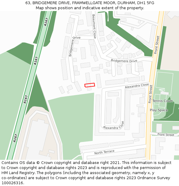 63, BRIDGEMERE DRIVE, FRAMWELLGATE MOOR, DURHAM, DH1 5FG: Location map and indicative extent of plot