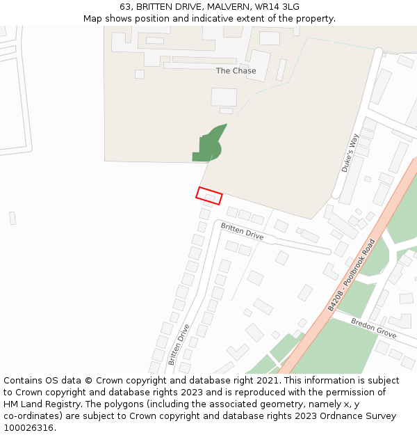 63, BRITTEN DRIVE, MALVERN, WR14 3LG: Location map and indicative extent of plot