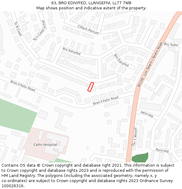 63, BRO EDNYFED, LLANGEFNI, LL77 7WB: Location map and indicative extent of plot