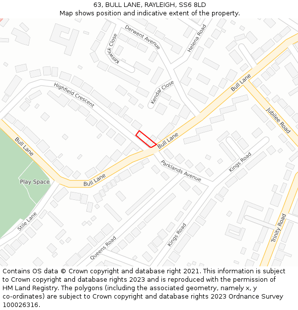 63, BULL LANE, RAYLEIGH, SS6 8LD: Location map and indicative extent of plot