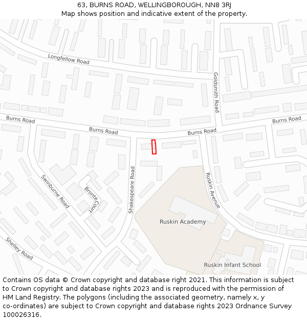 63, BURNS ROAD, WELLINGBOROUGH, NN8 3RJ: Location map and indicative extent of plot