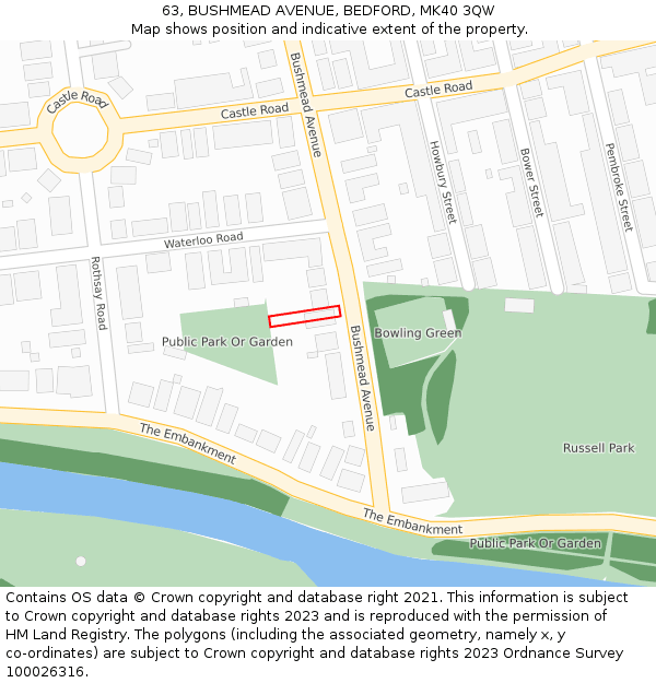 63, BUSHMEAD AVENUE, BEDFORD, MK40 3QW: Location map and indicative extent of plot