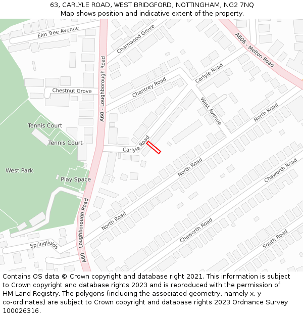 63, CARLYLE ROAD, WEST BRIDGFORD, NOTTINGHAM, NG2 7NQ: Location map and indicative extent of plot