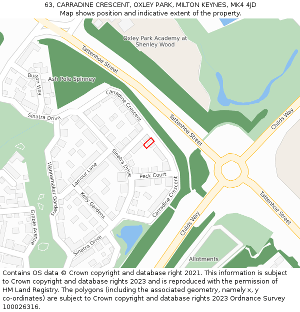 63, CARRADINE CRESCENT, OXLEY PARK, MILTON KEYNES, MK4 4JD: Location map and indicative extent of plot