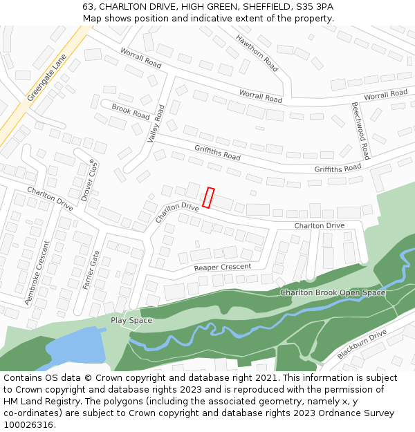 63, CHARLTON DRIVE, HIGH GREEN, SHEFFIELD, S35 3PA: Location map and indicative extent of plot